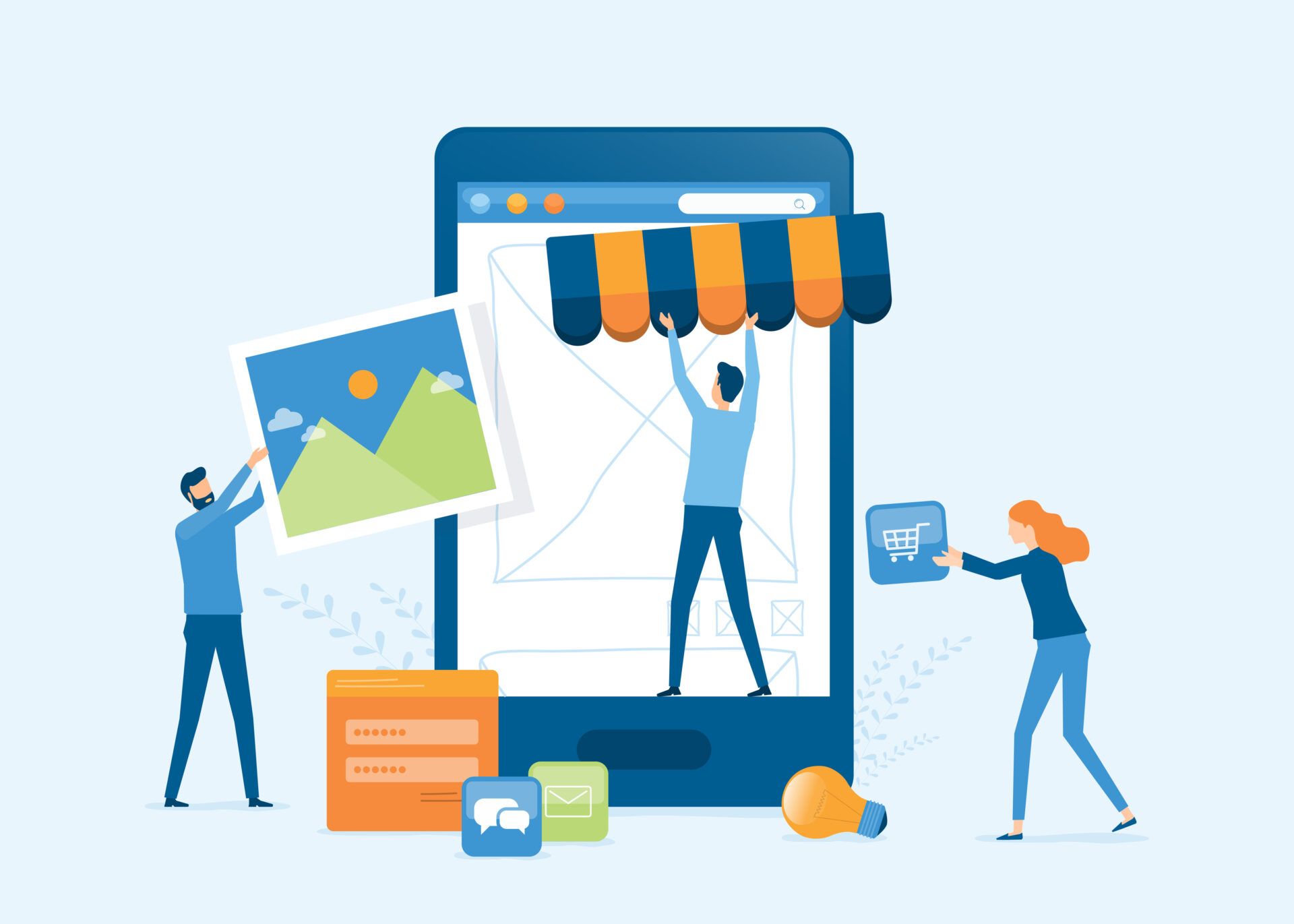 vector-illustration-design-developer-and-designer-team-create-online-shop-on-mobile-phone-concept