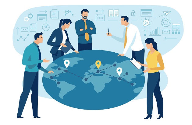 business-plan-the-team-stands-around-the-earth-map-and-discusses-the-business-strategy-vector-illustration