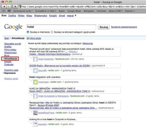 Wyszukiwanie w czasie rzeczywistym w polskim Google.